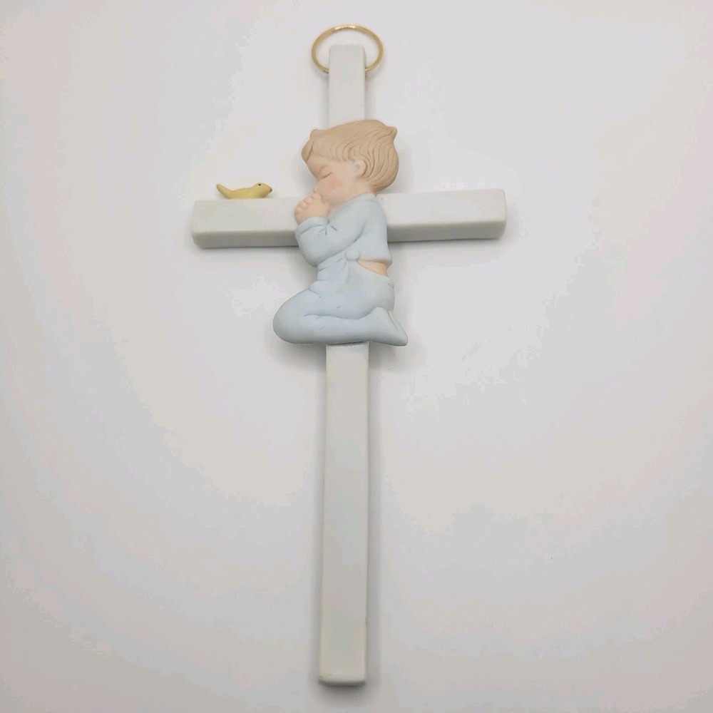 Vintage Lefton Praying Boy Cross Wall Hanging Porcelain 1985 Bird Figurine